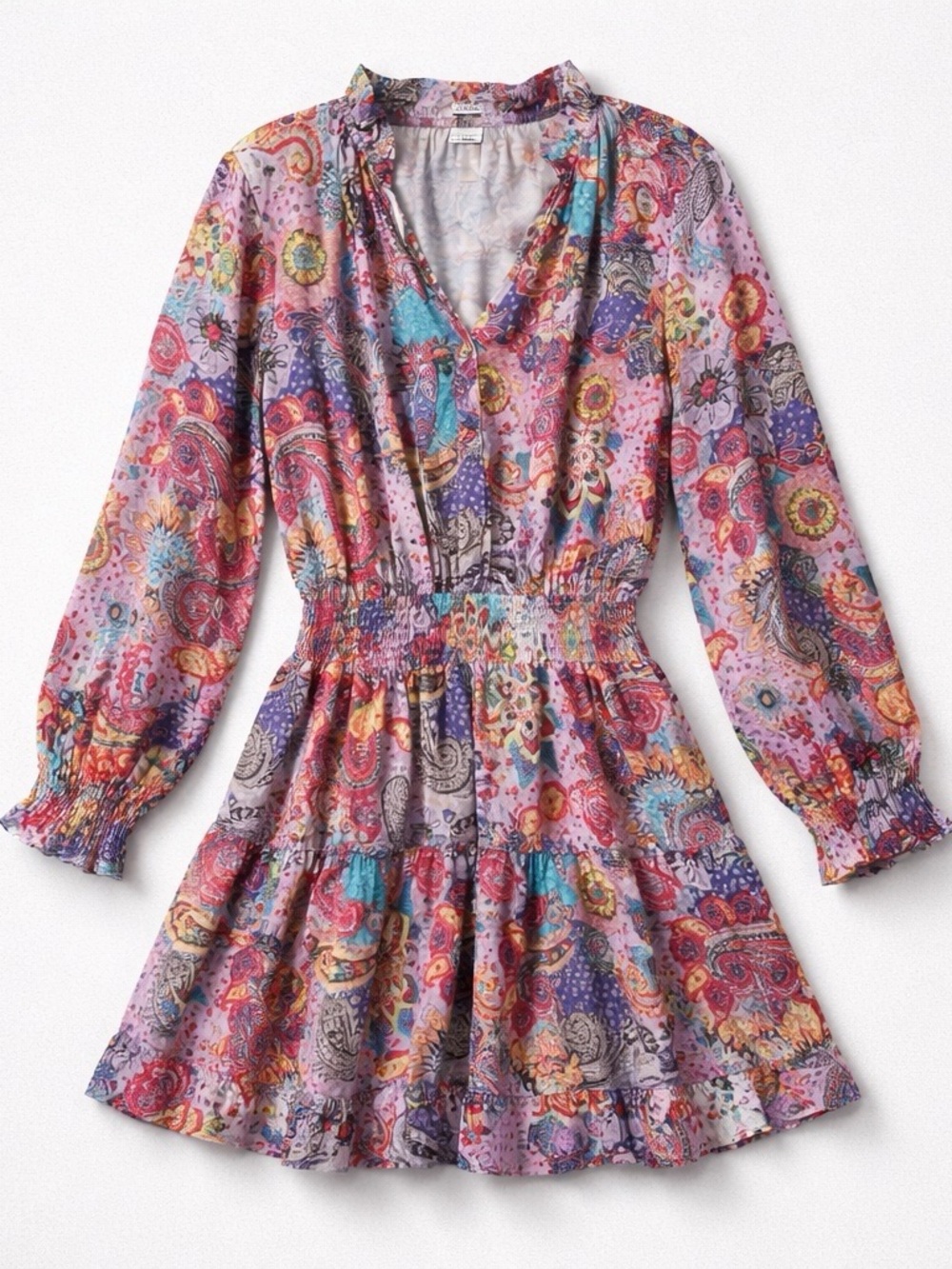 Lavender Paisley Long-Sleeve Smocked Waist Mini Dress